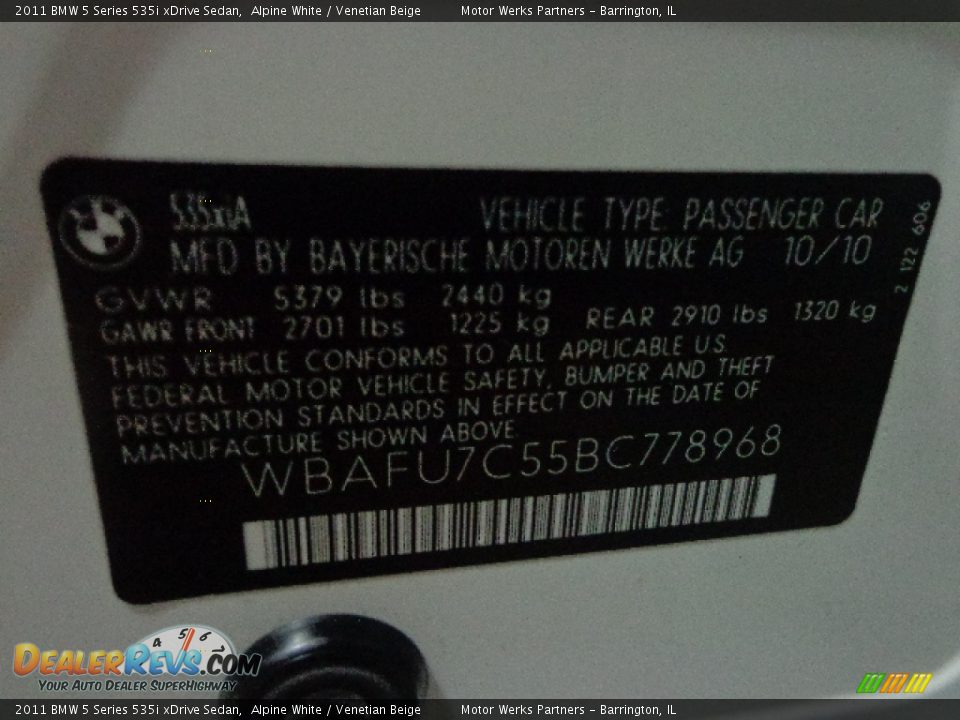 2011 BMW 5 Series 535i xDrive Sedan Alpine White / Venetian Beige Photo #22