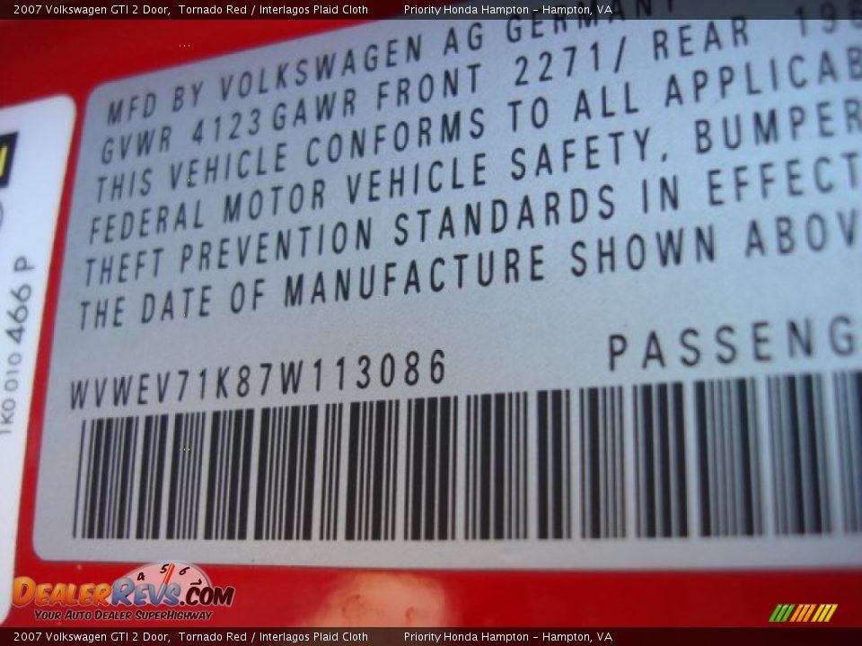 2007 Volkswagen GTI 2 Door Tornado Red / Interlagos Plaid Cloth Photo #23