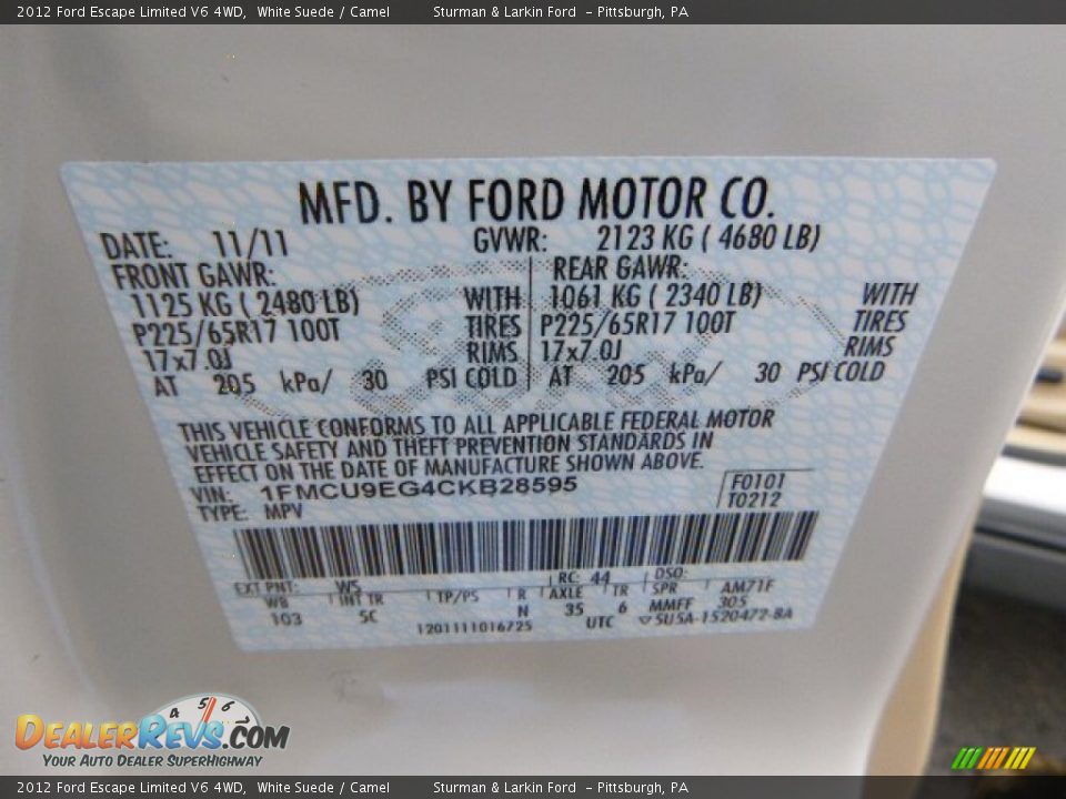 2012 Ford Escape Limited V6 4WD White Suede / Camel Photo #14