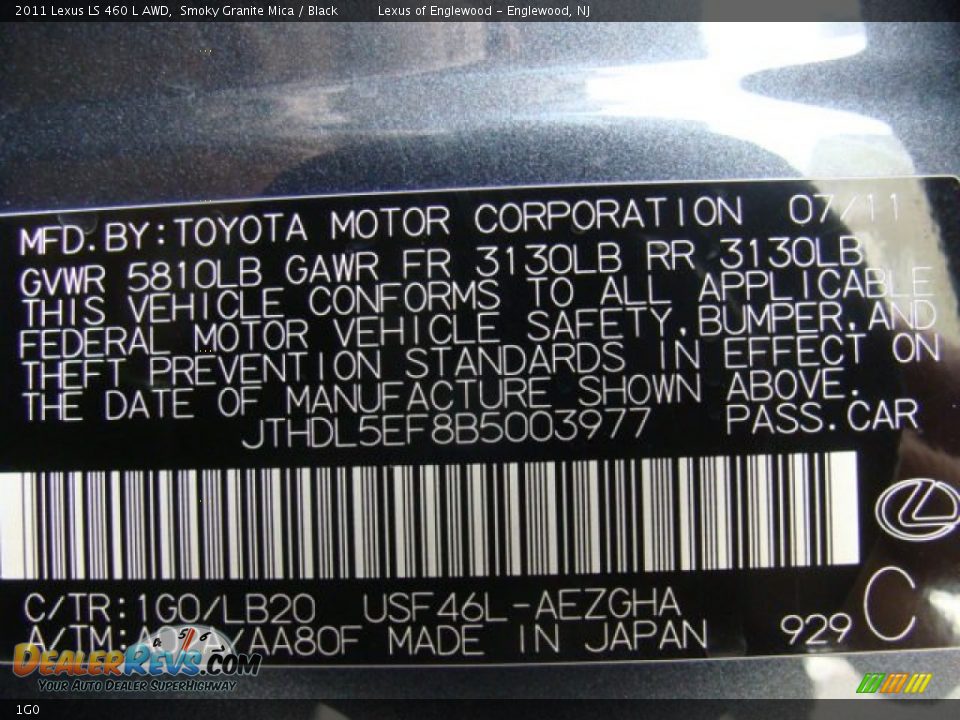 Lexus Color Code 1G0 Smoky Granite Mica