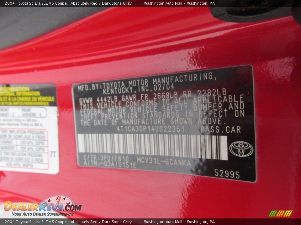 2004 Toyota Solara SLE V6 Coupe Absolutely Red / Dark Stone Gray Photo #19