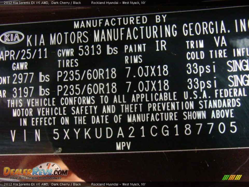 2012 Kia Sorento EX V6 AWD Dark Cherry / Black Photo #32