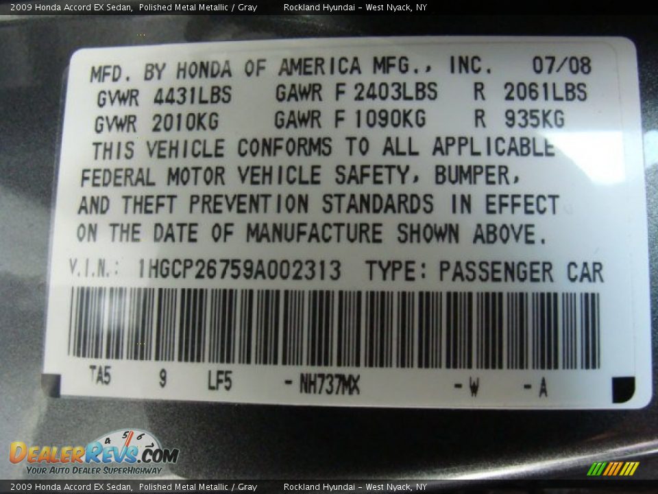 2009 Honda Accord EX Sedan Polished Metal Metallic / Gray Photo #30