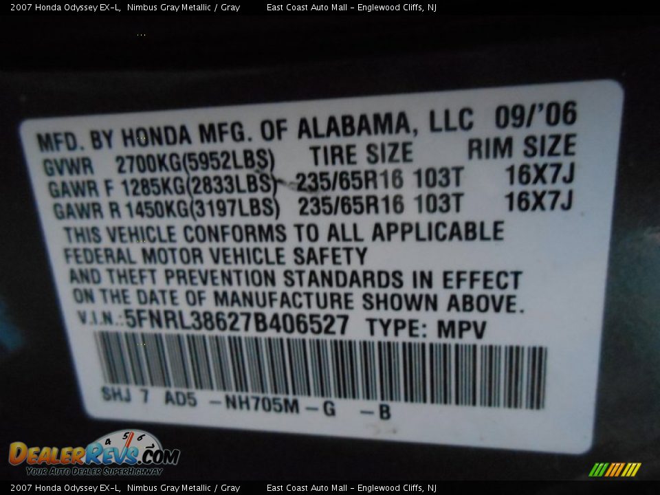 2007 Honda Odyssey EX-L Nimbus Gray Metallic / Gray Photo #15