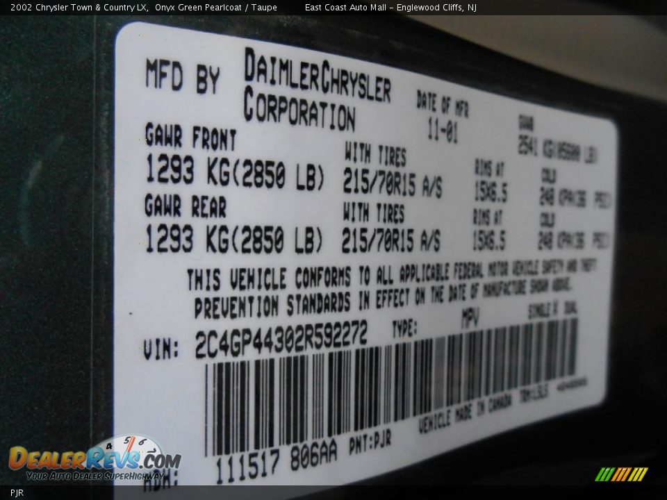 Chrysler Color Code PJR Onyx Green Pearlcoat