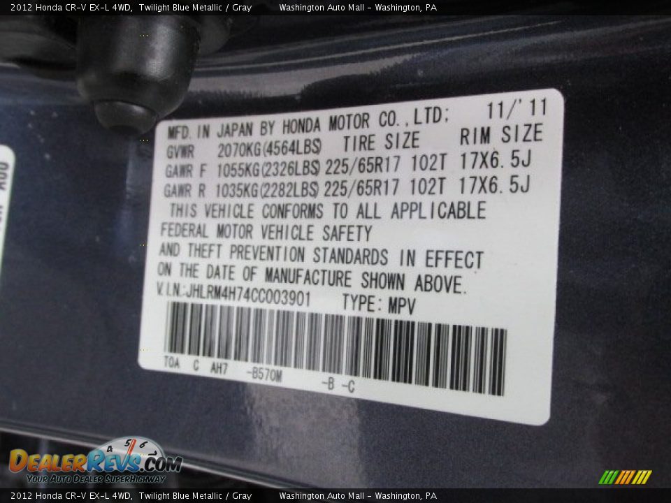 2012 Honda CR-V EX-L 4WD Twilight Blue Metallic / Gray Photo #19