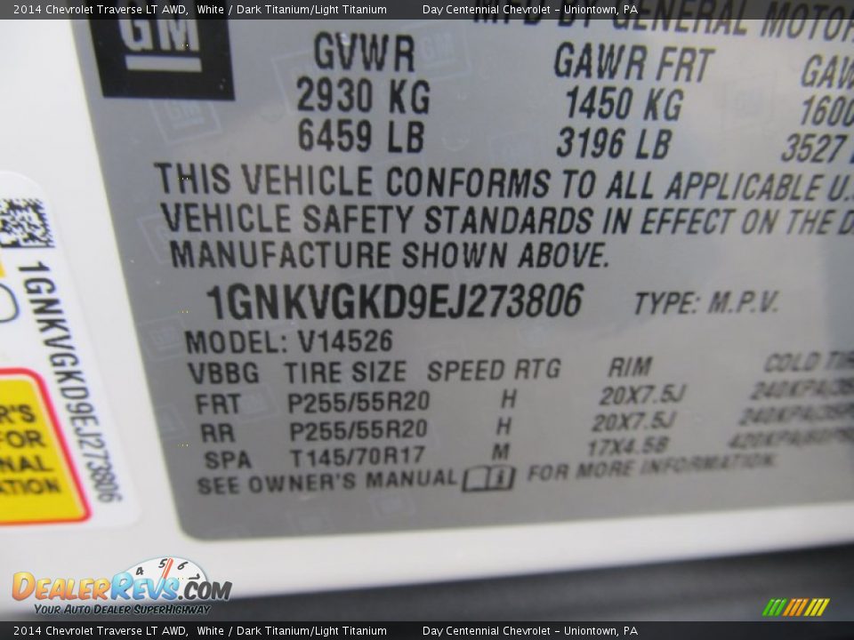 2014 Chevrolet Traverse LT AWD White / Dark Titanium/Light Titanium Photo #19