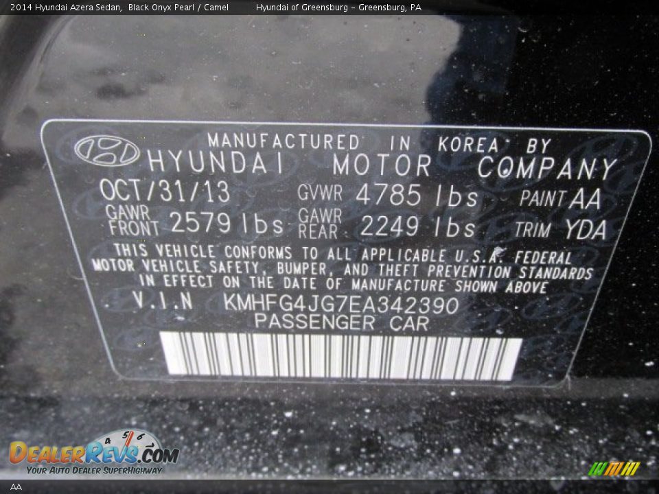 Hyundai Color Code AA Black Onyx Pearl