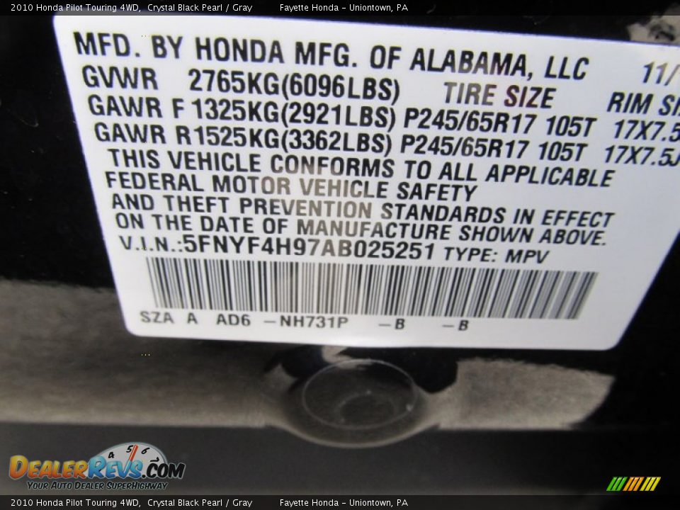 2010 Honda Pilot Touring 4WD Crystal Black Pearl / Gray Photo #8