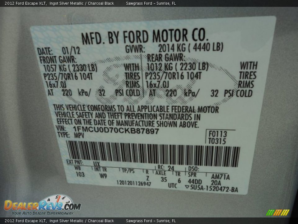 2012 Ford Escape XLT Ingot Silver Metallic / Charcoal Black Photo #32