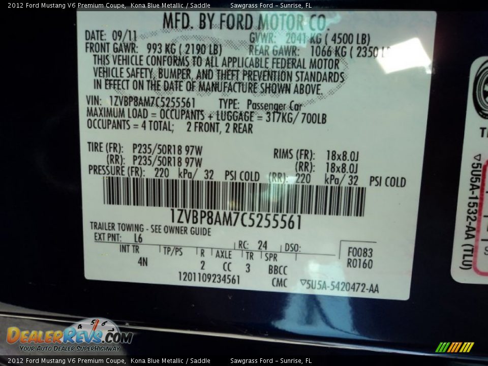 2012 Ford Mustang V6 Premium Coupe Kona Blue Metallic / Saddle Photo #31