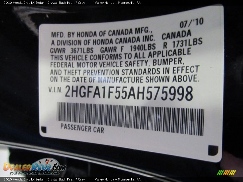 2010 Honda Civic LX Sedan Crystal Black Pearl / Gray Photo #14