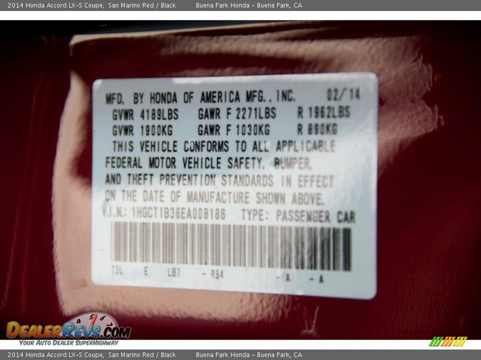 2014 Honda Accord LX-S Coupe San Marino Red / Black Photo #16