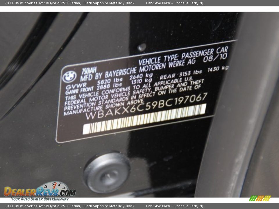 2011 BMW 7 Series ActiveHybrid 750i Sedan Black Sapphire Metallic / Black Photo #33