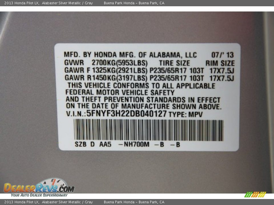 2013 Honda Pilot LX Alabaster Silver Metallic / Gray Photo #29