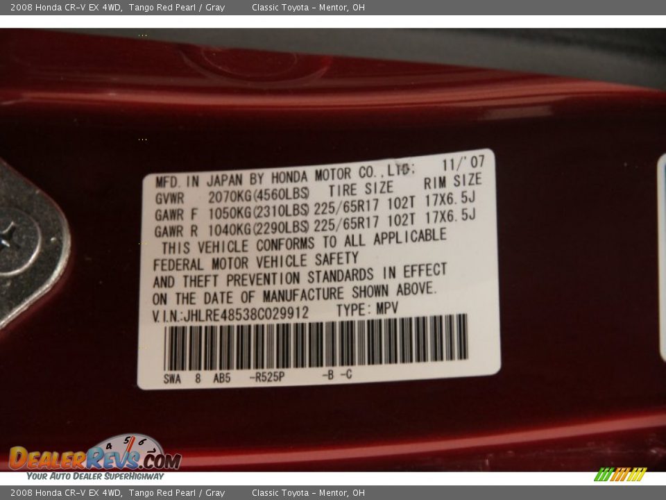 2008 Honda CR-V EX 4WD Tango Red Pearl / Gray Photo #23