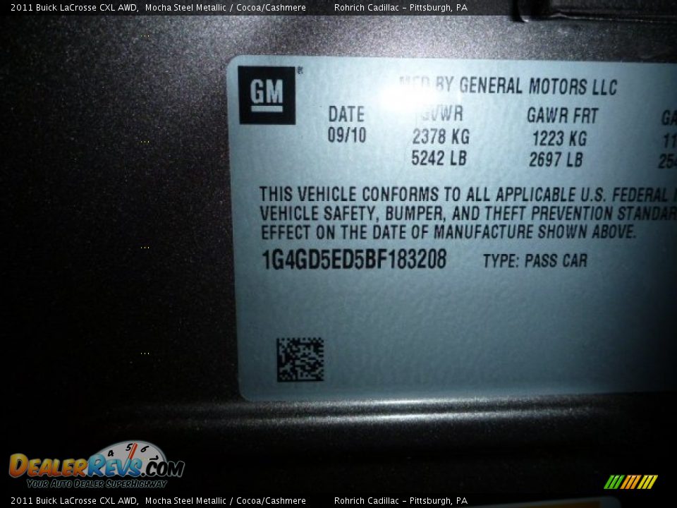 2011 Buick LaCrosse CXL AWD Mocha Steel Metallic / Cocoa/Cashmere Photo #25