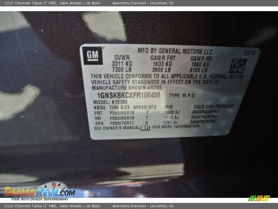 Info Tag of 2015 Chevrolet Tahoe LT 4WD Photo #7
