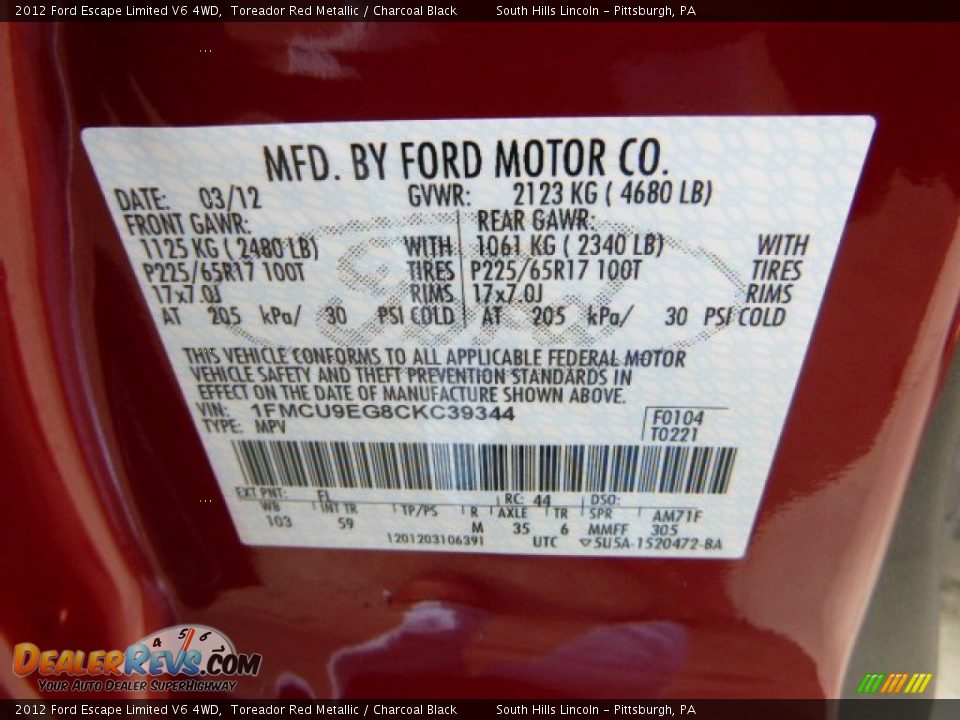 2012 Ford Escape Limited V6 4WD Toreador Red Metallic / Charcoal Black Photo #24