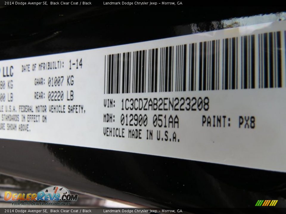 2014 Dodge Avenger SE Black Clear Coat / Black Photo #10