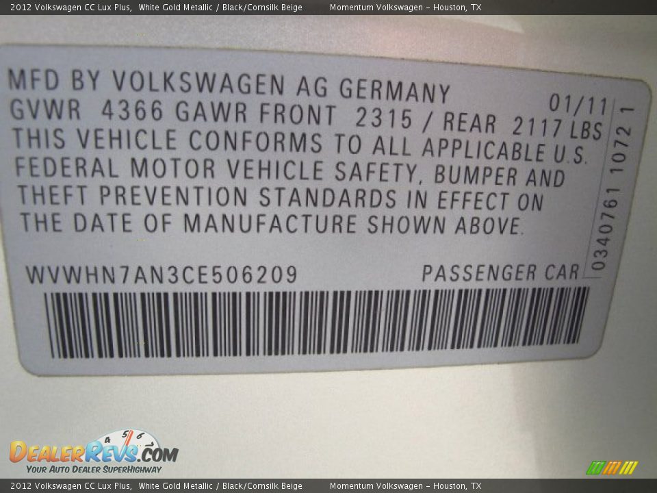 2012 Volkswagen CC Lux Plus White Gold Metallic / Black/Cornsilk Beige Photo #33