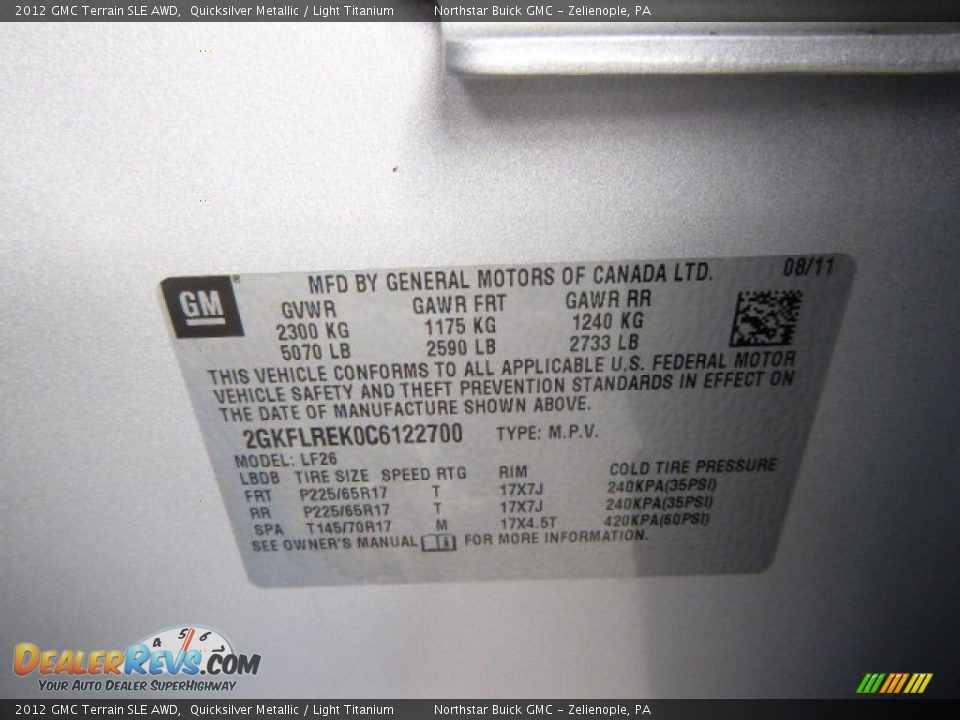 2012 GMC Terrain SLE AWD Quicksilver Metallic / Light Titanium Photo #20