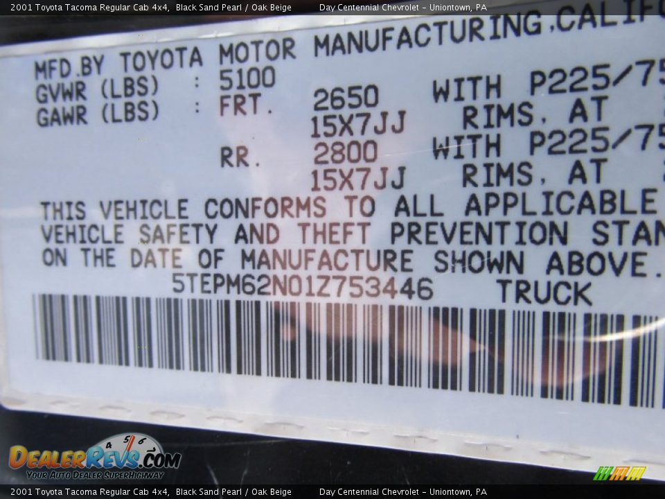 2001 Toyota Tacoma Regular Cab 4x4 Black Sand Pearl / Oak Beige Photo #19