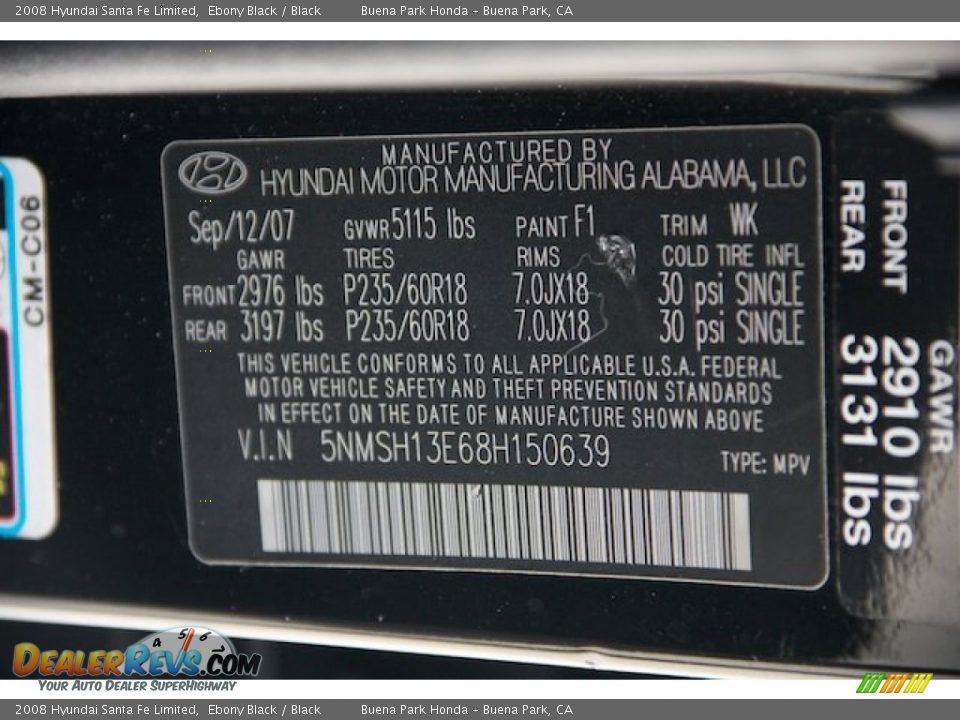2008 Hyundai Santa Fe Limited Ebony Black / Black Photo #34