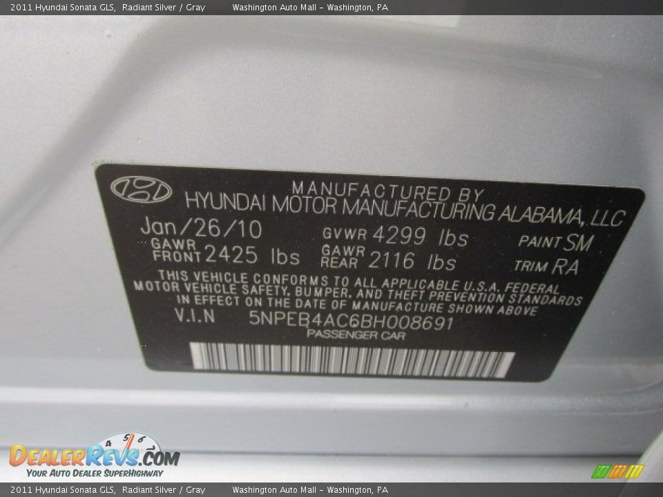 2011 Hyundai Sonata GLS Radiant Silver / Gray Photo #19