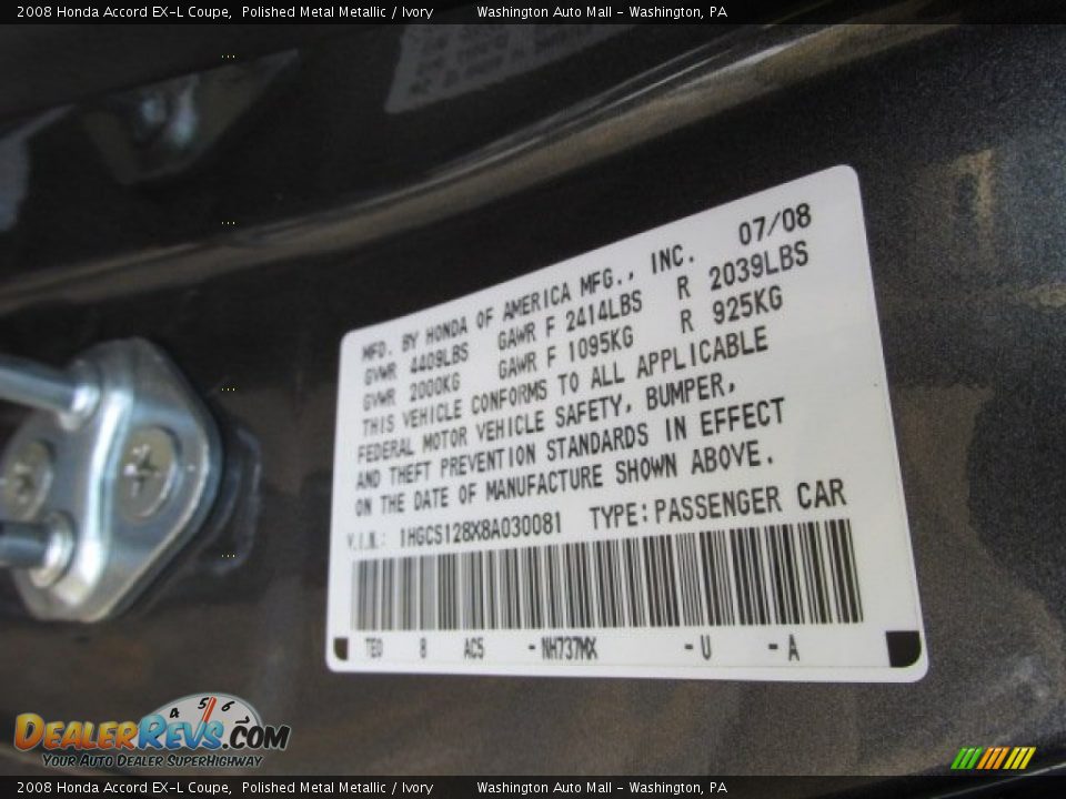 2008 Honda Accord EX-L Coupe Polished Metal Metallic / Ivory Photo #19