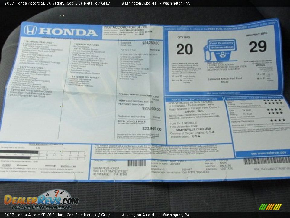 2007 Honda Accord SE V6 Sedan Window Sticker Photo #18