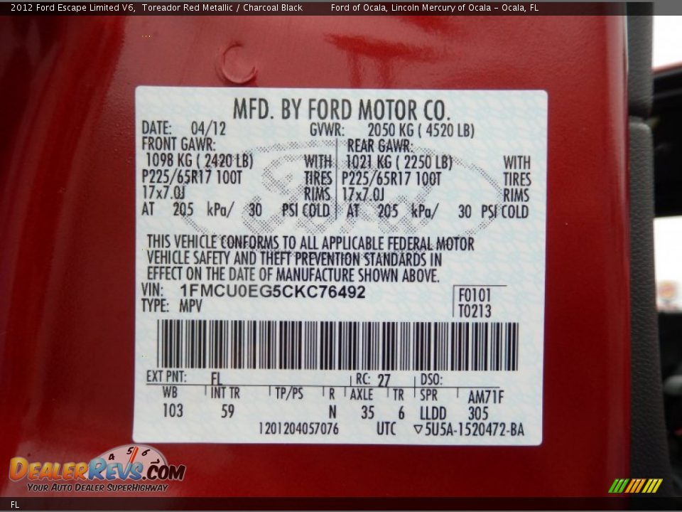 Ford Color Code FL Toreador Red Metallic