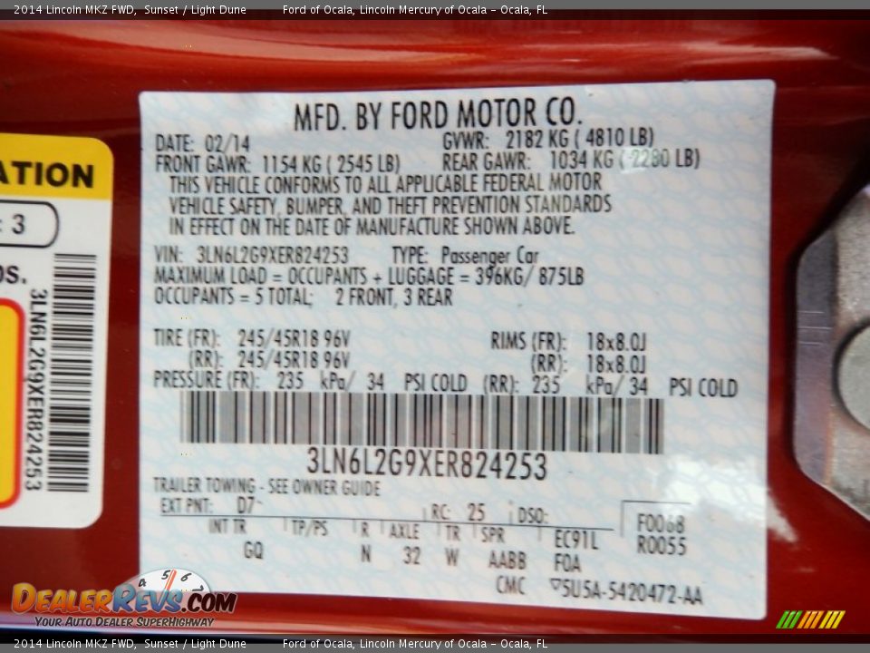 2014 Lincoln MKZ FWD Sunset / Light Dune Photo #13