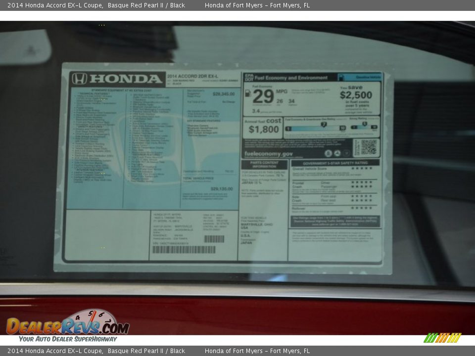 2014 Honda Accord EX-L Coupe Basque Red Pearl II / Black Photo #5