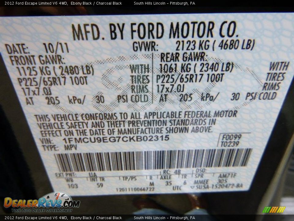 2012 Ford Escape Limited V6 4WD Ebony Black / Charcoal Black Photo #23