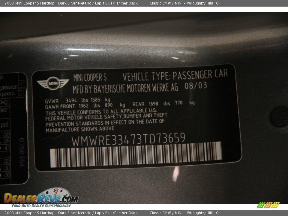 2003 Mini Cooper S Hardtop Dark Silver Metallic / Lapis Blue/Panther Black Photo #21