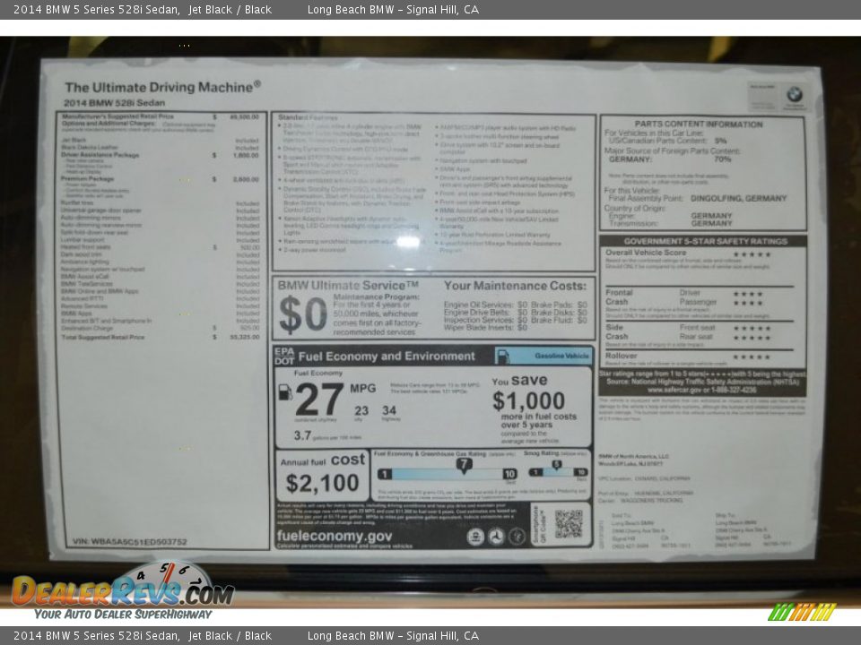 2014 BMW 5 Series 528i Sedan Jet Black / Black Photo #5