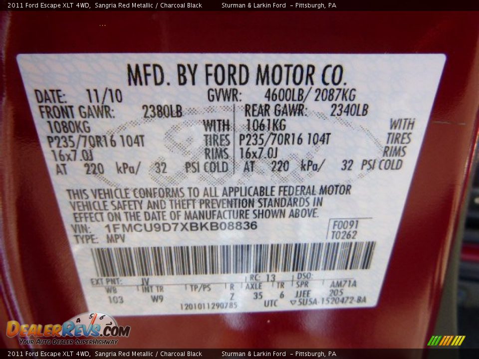 2011 Ford Escape XLT 4WD Sangria Red Metallic / Charcoal Black Photo #14