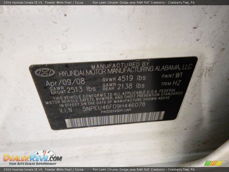 2009 Hyundai Sonata SE V6 Powder White Pearl / Cocoa Photo #20