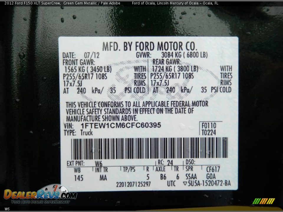Ford Color Code W6 Green Gem Metallic