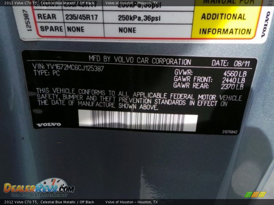 2012 Volvo C70 T5 Celestial Blue Metallic / Off Black Photo #34