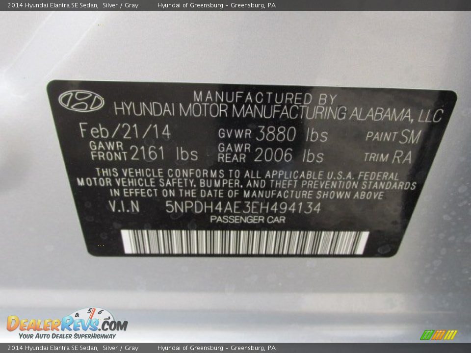 2014 Hyundai Elantra SE Sedan Silver / Gray Photo #15
