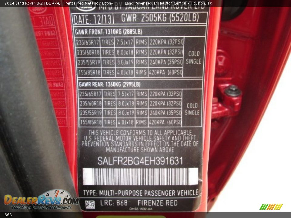 Land Rover Color Code 868 Firenze Red Metallic