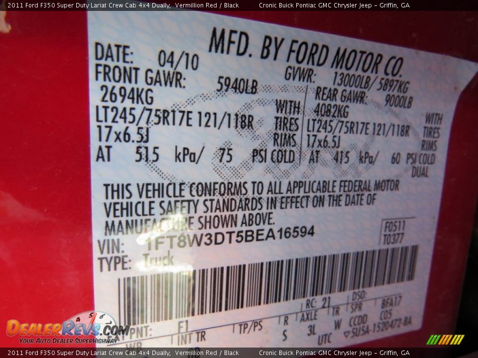 2011 Ford F350 Super Duty Lariat Crew Cab 4x4 Dually Vermillion Red / Black Photo #23