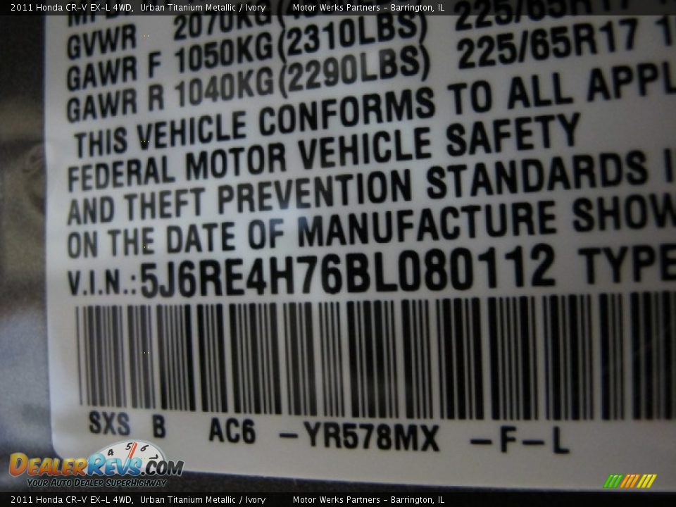 2011 Honda CR-V EX-L 4WD Urban Titanium Metallic / Ivory Photo #35