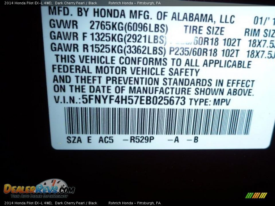 2014 Honda Pilot EX-L 4WD Dark Cherry Pearl / Black Photo #19