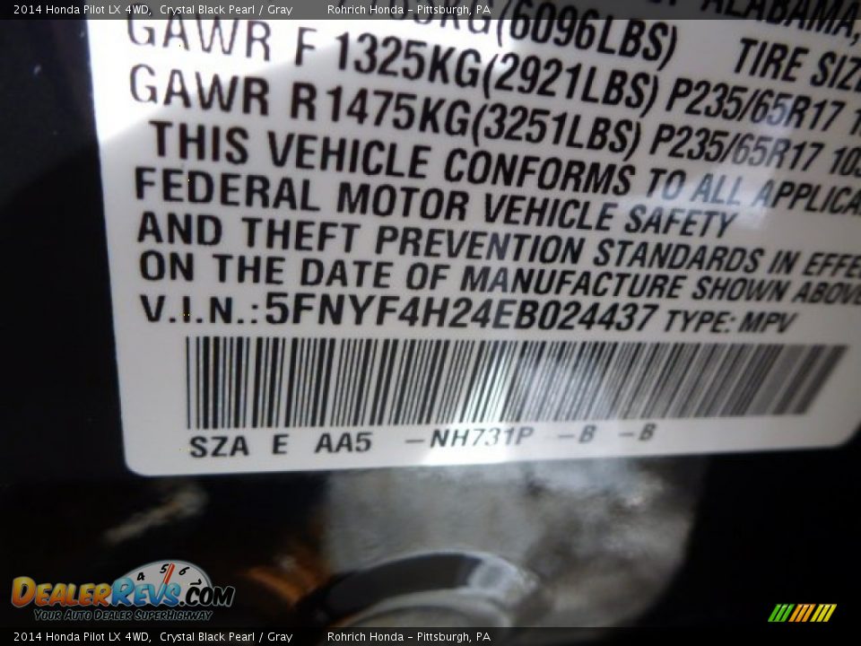 2014 Honda Pilot LX 4WD Crystal Black Pearl / Gray Photo #14