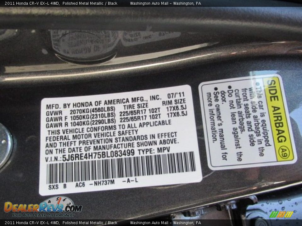 2011 Honda CR-V EX-L 4WD Polished Metal Metallic / Black Photo #19