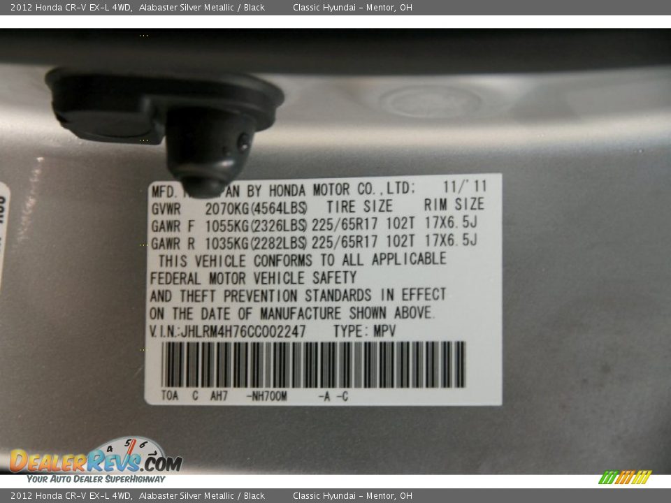 2012 Honda CR-V EX-L 4WD Alabaster Silver Metallic / Black Photo #29