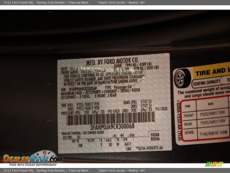 2012 Ford Fusion SEL Sterling Grey Metallic / Charcoal Black Photo #27